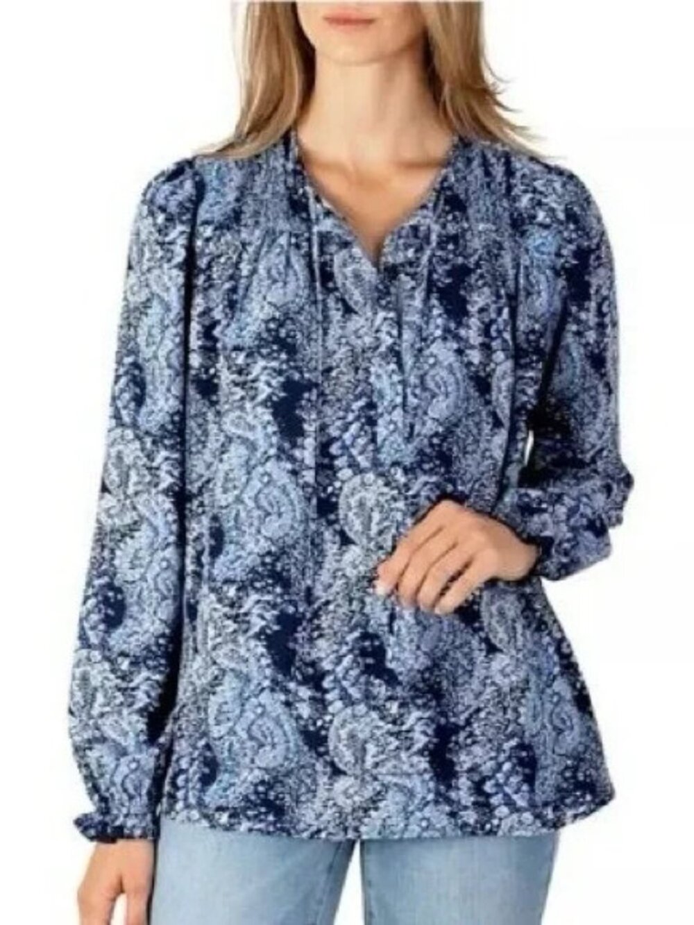 Joie long sleeve peasant blue print shirt blouse XL casual job polyester
